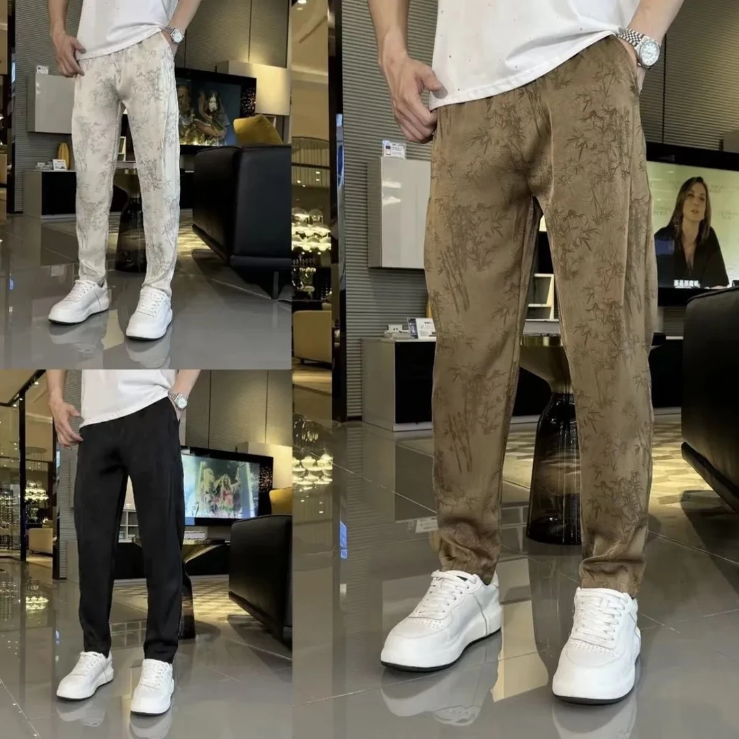 2024字母棉麻格百搭夏季新款休闲裤长薄款透气小脚裤轻薄男士简约