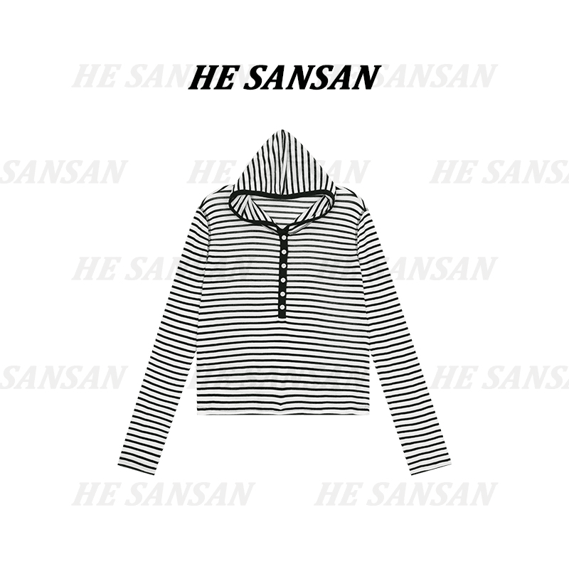 【SANSAN】条纹连帽长袖套头气质极简百搭上衣DY-3433