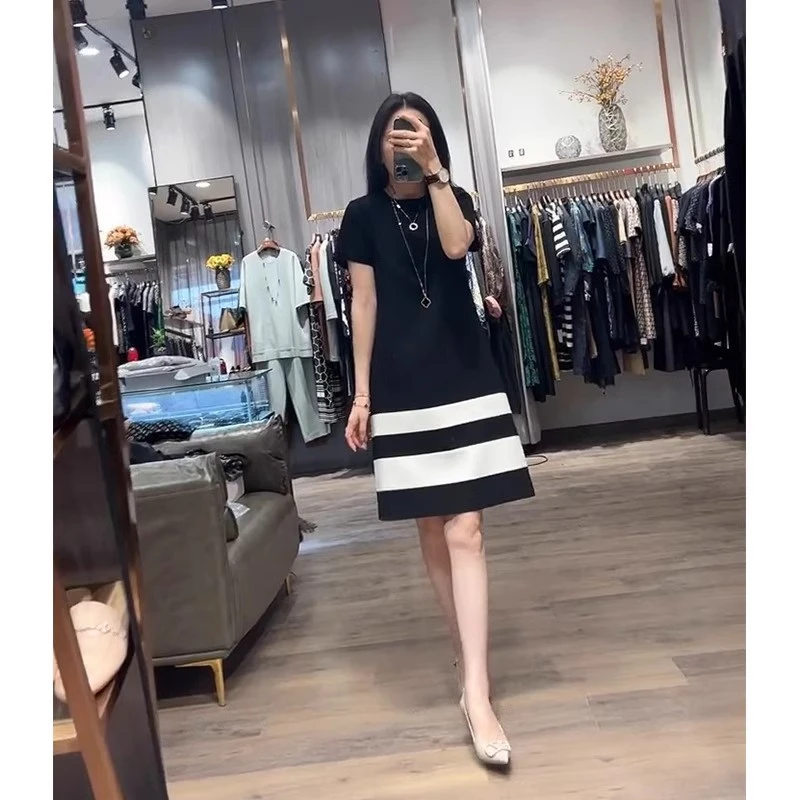 胖mm夏季女装拼色连衣裙2024新款时尚通勤大码宽松显瘦裙子中长款