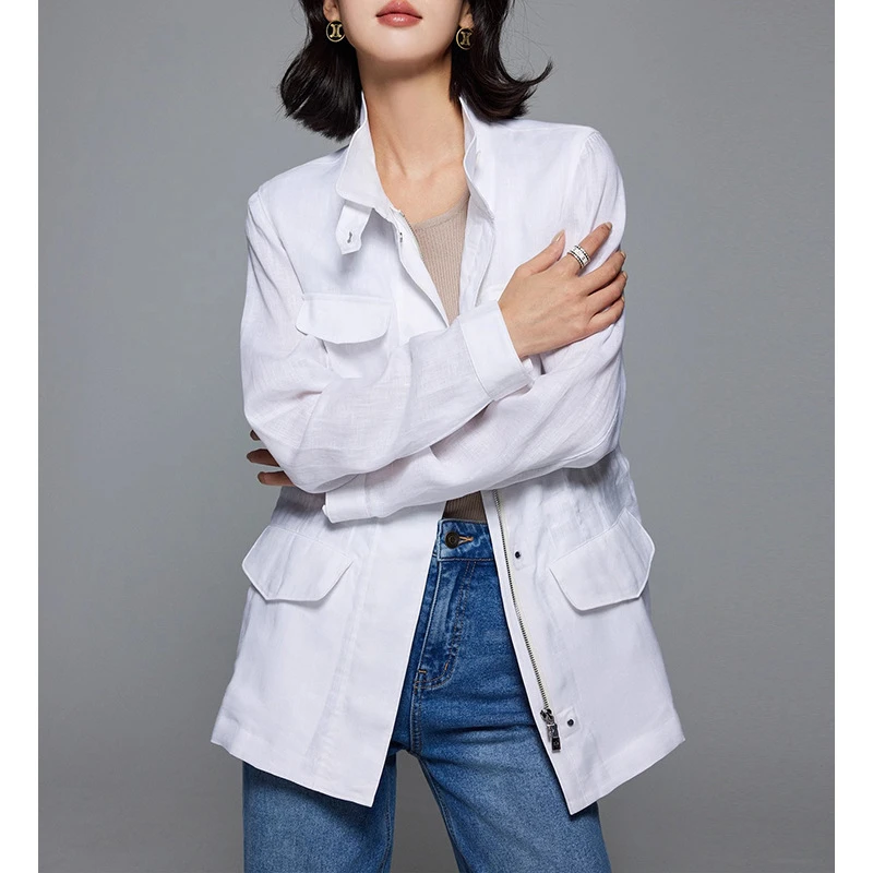 新款纯色经典四口袋亚麻透气拉链春夏收腰外套女