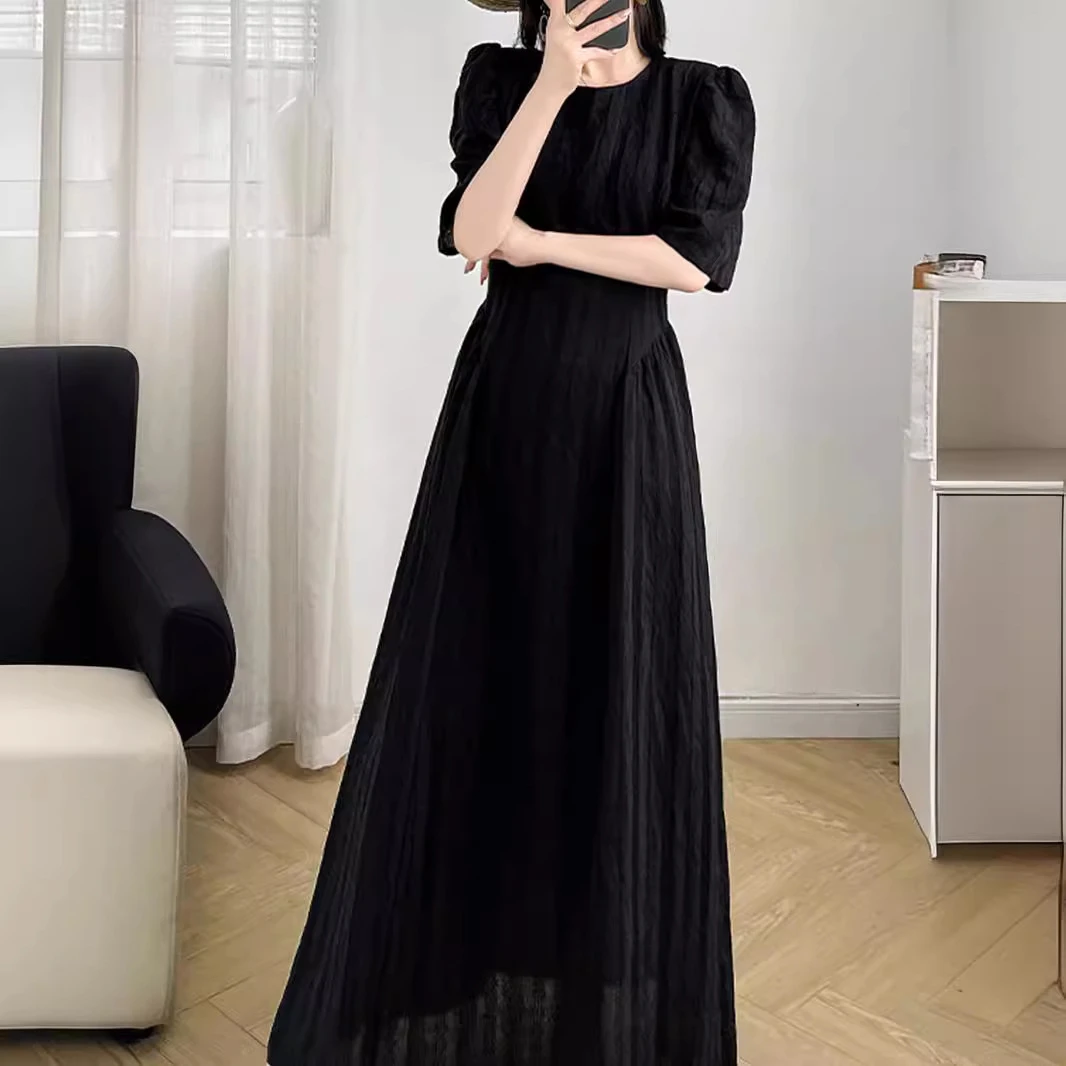 2025夏季新款大码女装黑色肌理感连衣裙胖mm气质过膝长裙子