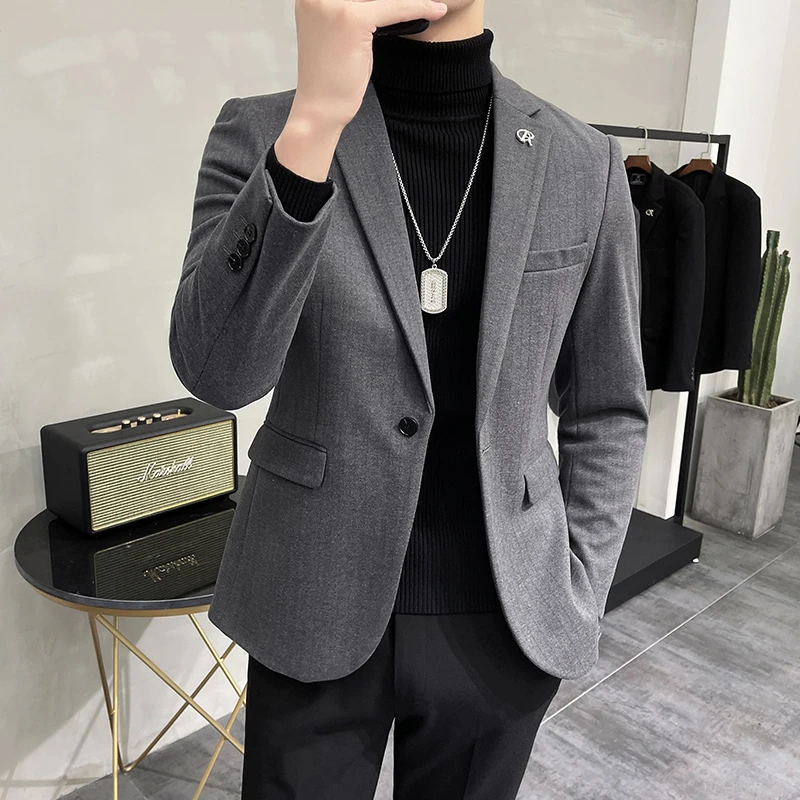 高级感痞帅毛呢西装外套男秋冬加厚休闲条纹西服韩版修身帅气上衣