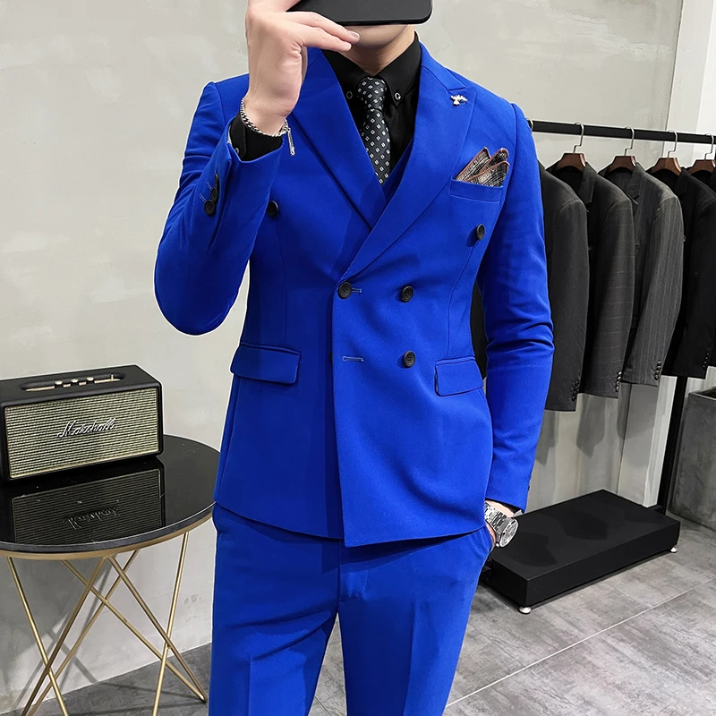 蓝色高级感双排扣西装套装男痞帅主持人宴会礼服男士修身西服外套