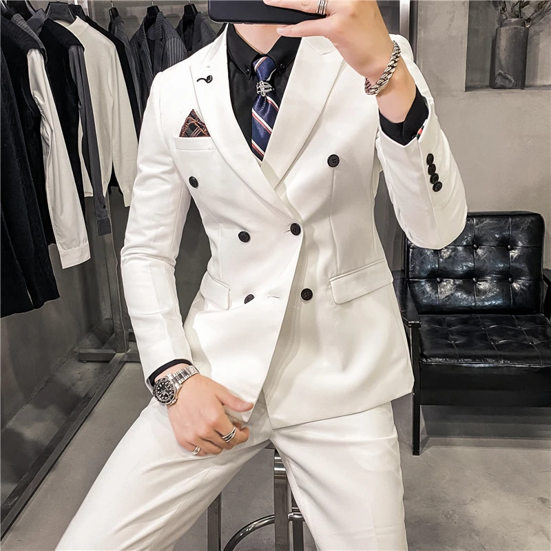 帅气白色双排扣西装男套装韩版修身休闲西服外套新郎结婚礼服高端