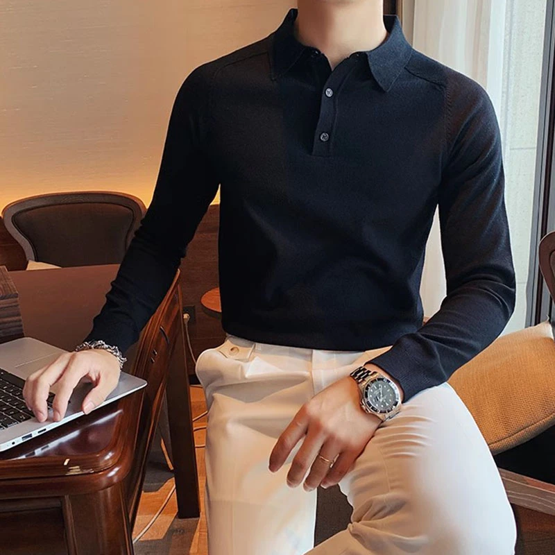 翻领毛衣男秋季新款潮流修身纯色针织衫高级感百搭长袖POLO打底衫