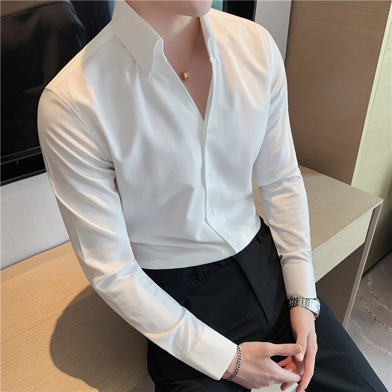 高级感一片领白色打底长袖衬衫男纯色痞帅立领衬衣男装修身寸衫潮