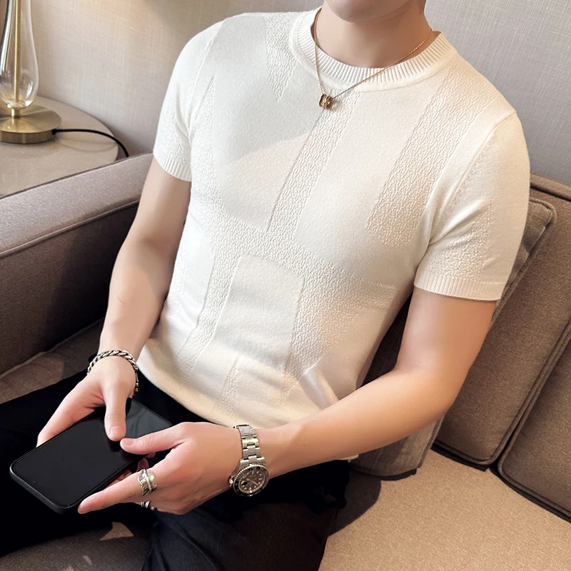 高级感男士弹力修身圆领针织衫薄毛衣2025新款纯色打底衫短袖t恤