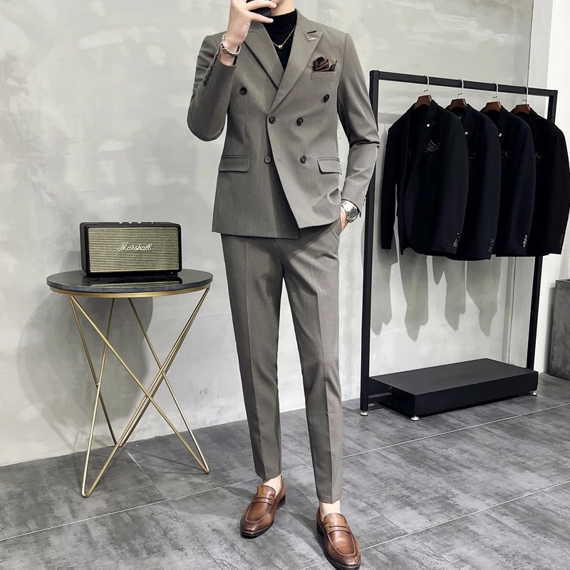 高端双排扣西装套装男款高级感条纹痞帅男士修身西服男士西服套装