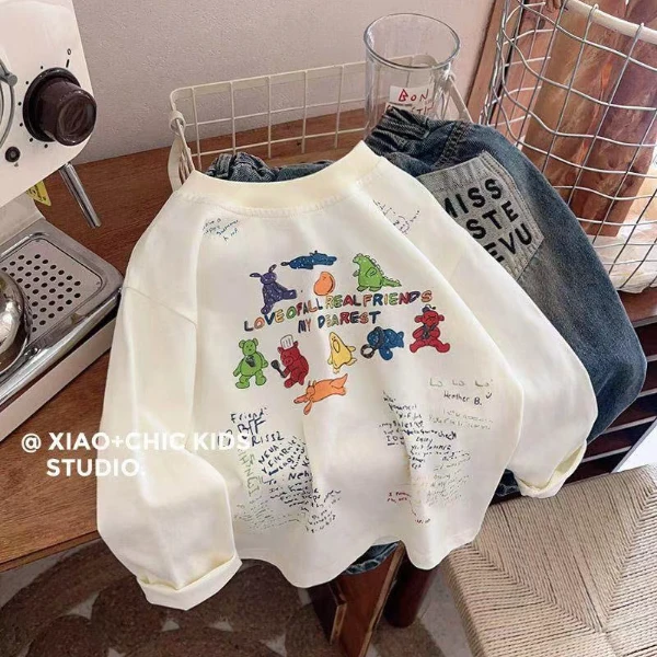 休闲百搭长袖T恤圆领儿童宝宝春秋款男童女童打底衫彩色印花