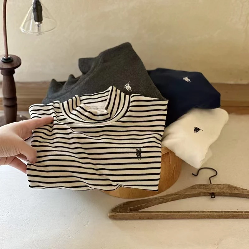 德绒打底衫秋冬新款男童女童宝宝条纹百搭上衣打底韩版