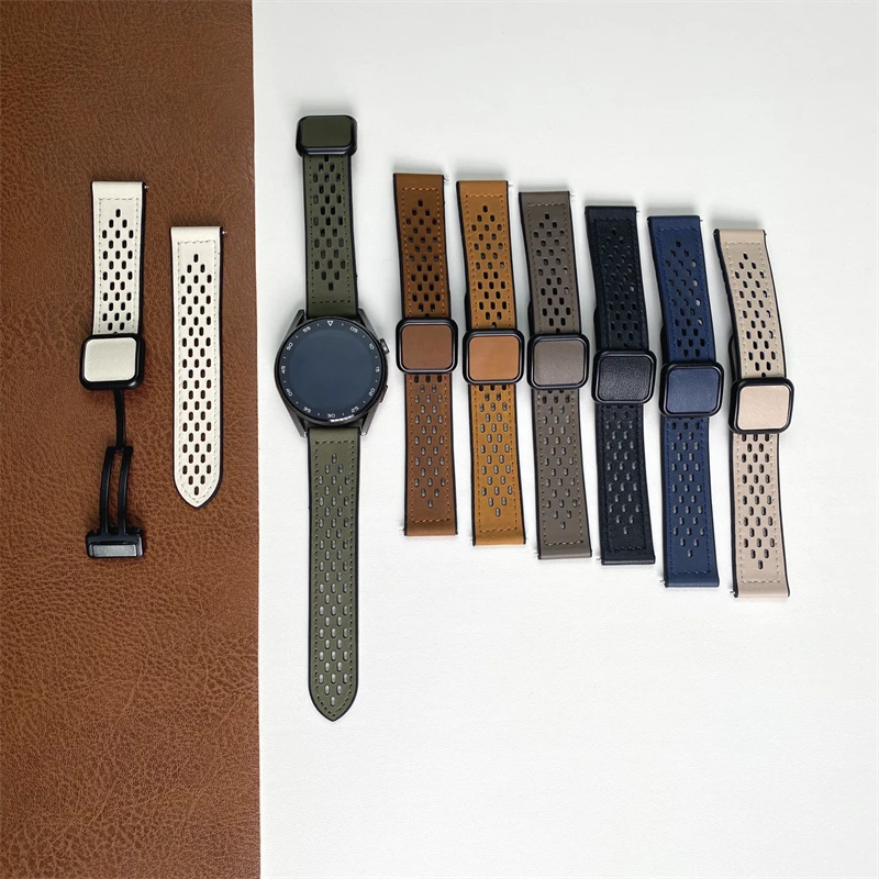 适用华为GT6/Pro手表带GT4疯马纹皮洞洞硅胶watch5/3磁吸折叠方扣