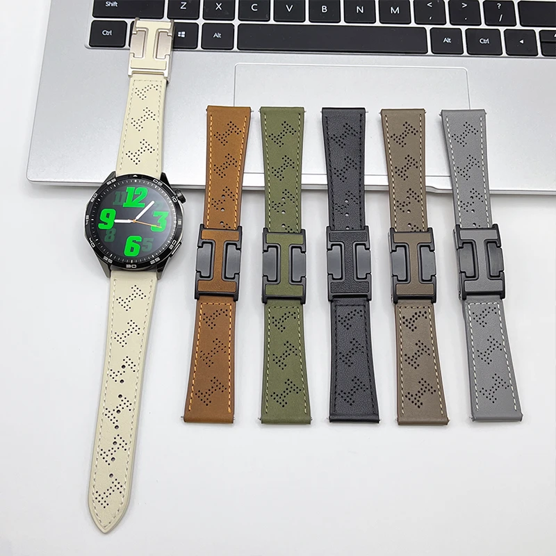 适用华为手表带GT5/4工字H形头层牛皮针孔透气watch4/3pro磁吸扣