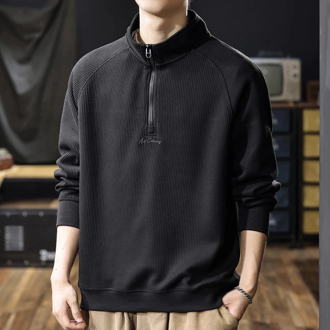 美式重磅加绒半拉链立领卫衣男2025秋冬新款宽松大码内搭打底长袖