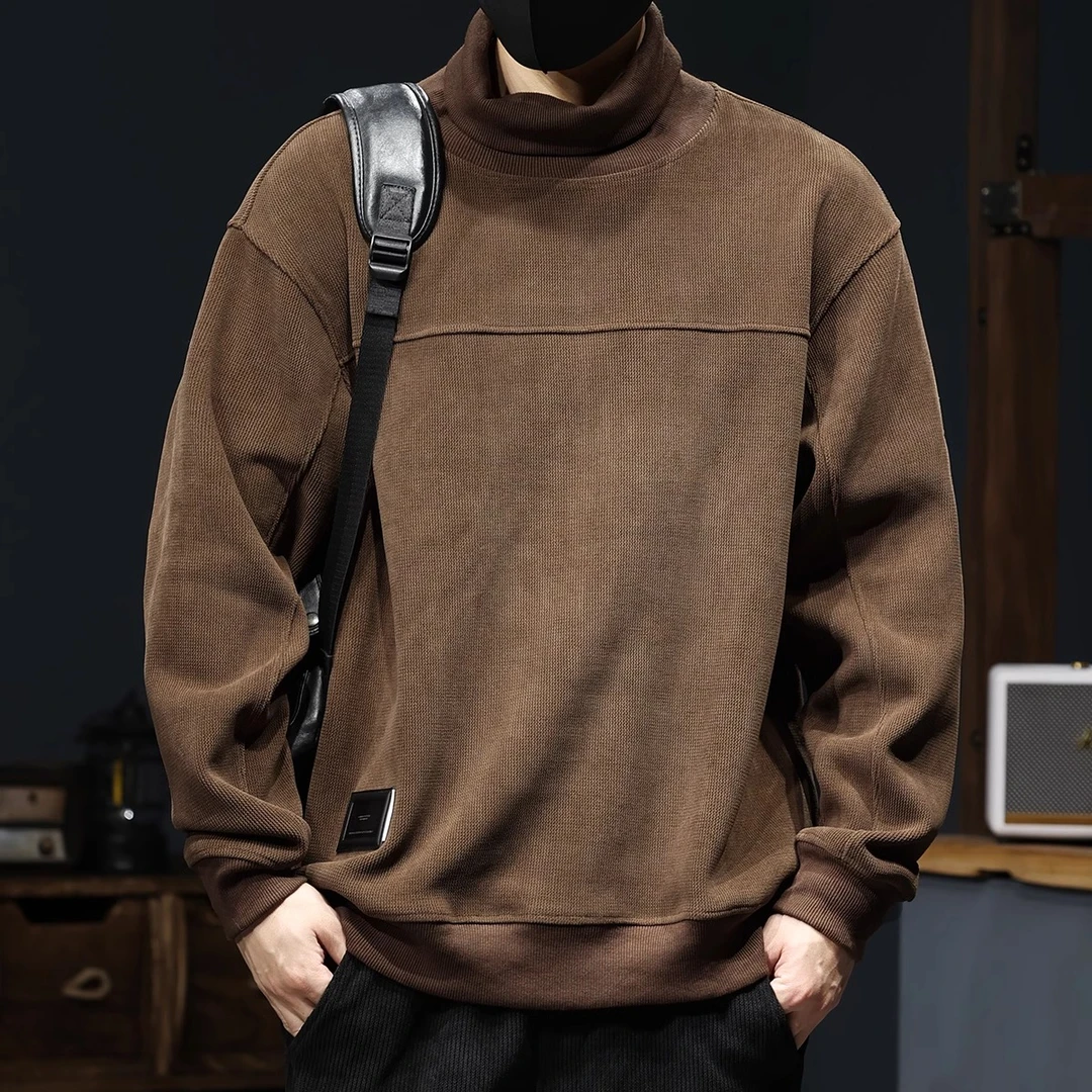 美式半高领雪尼尔卫衣男秋冬新款宽松大码灯芯绒长袖打底衫外套男