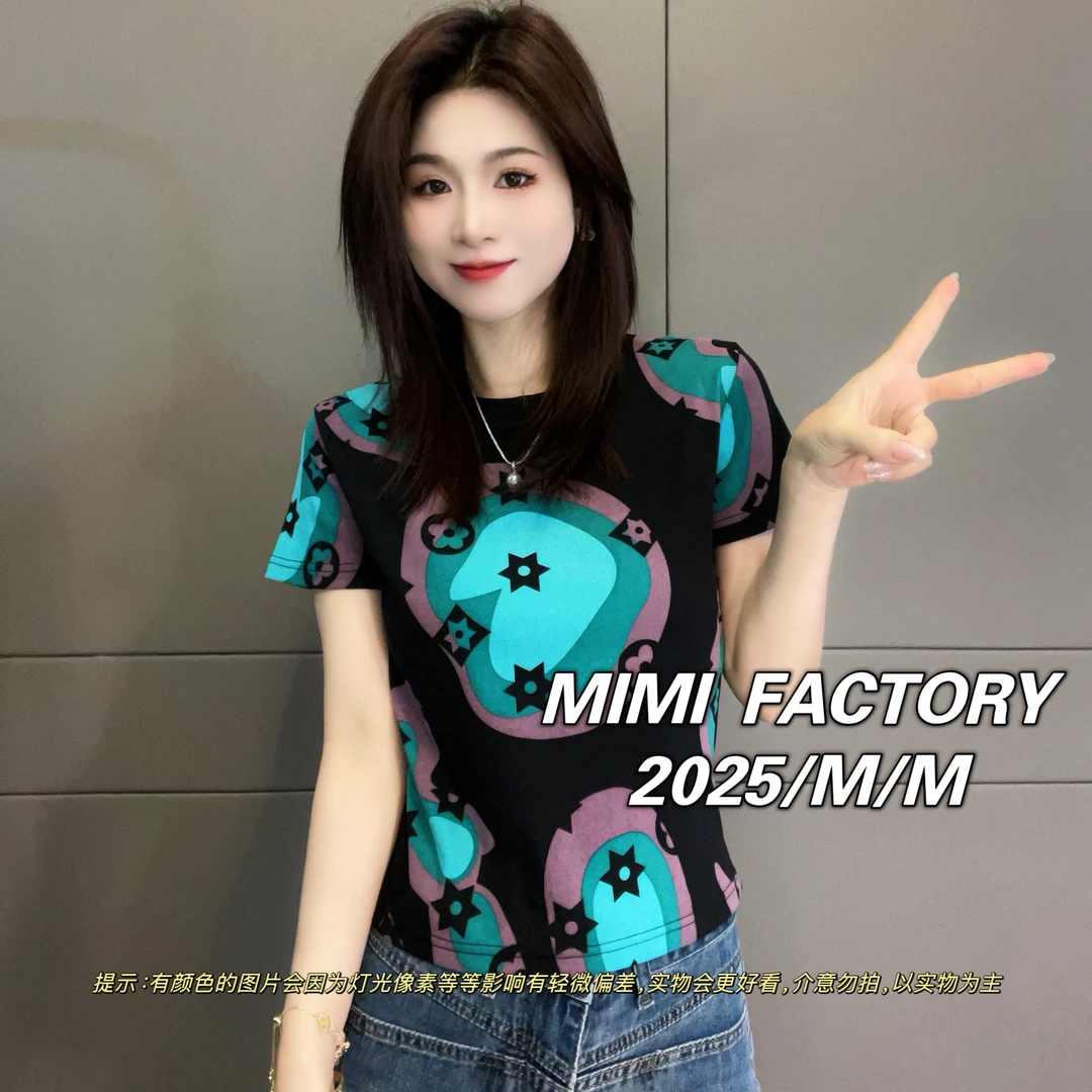 芈芈 2025新款短袖 欧货满印短袖T恤女修身显瘦上衣XCTQ
