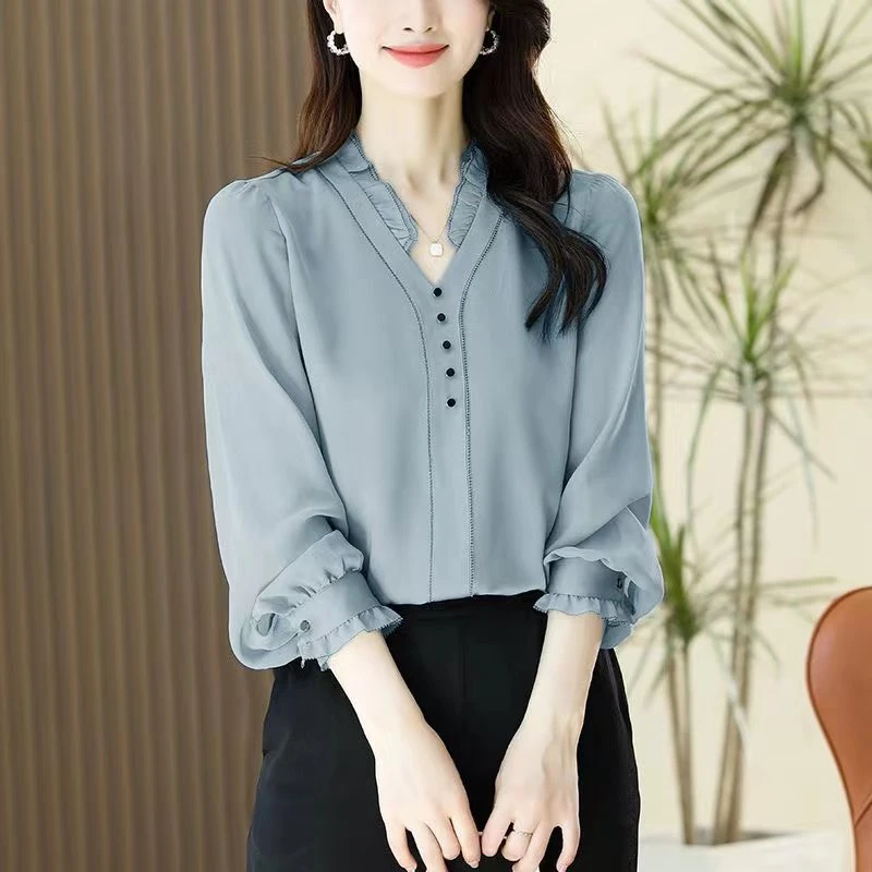 2024新款秋季气质显瘦衬衫高级感v领长袖套头女衬衣减龄上衣JA15