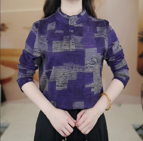 紫雁悠悠时尚女气质秋冬装洋气减龄小衫内搭印花长袖上衣Ja100