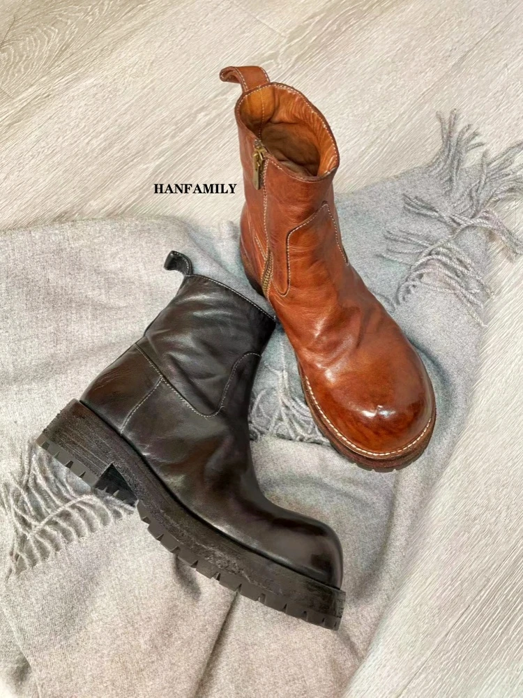HANFAMILY/大汉之家复古马皮拉链靴子耐磨防滑经典中筒靴设计师