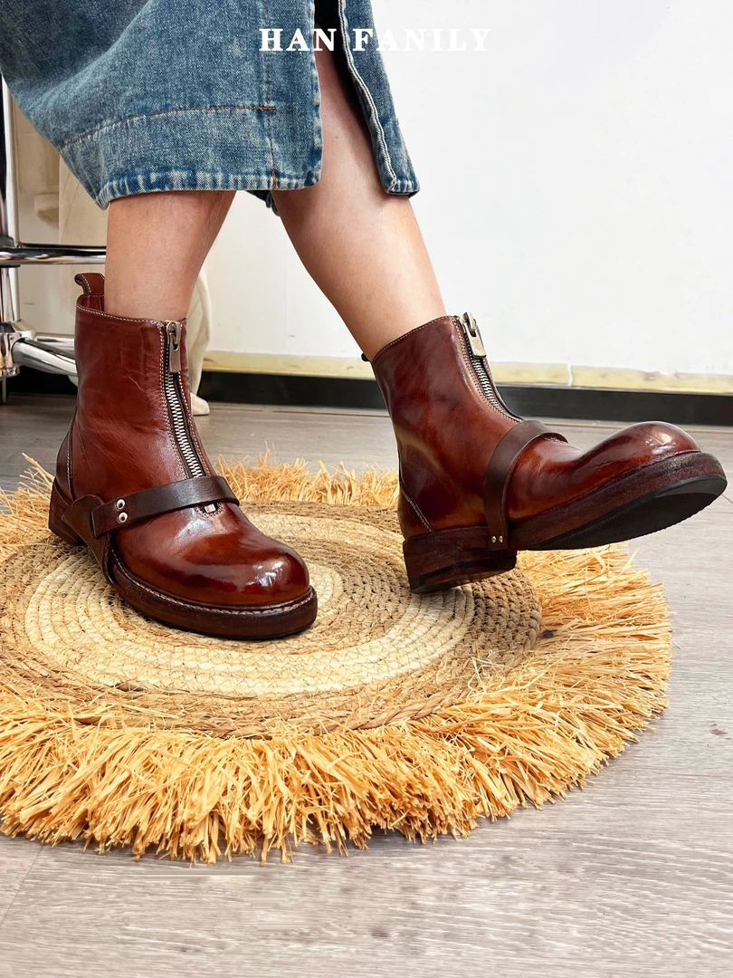 HANFAMILY/大汉之家牛仔靴秋冬款背拉链马皮时尚靴真皮设计师