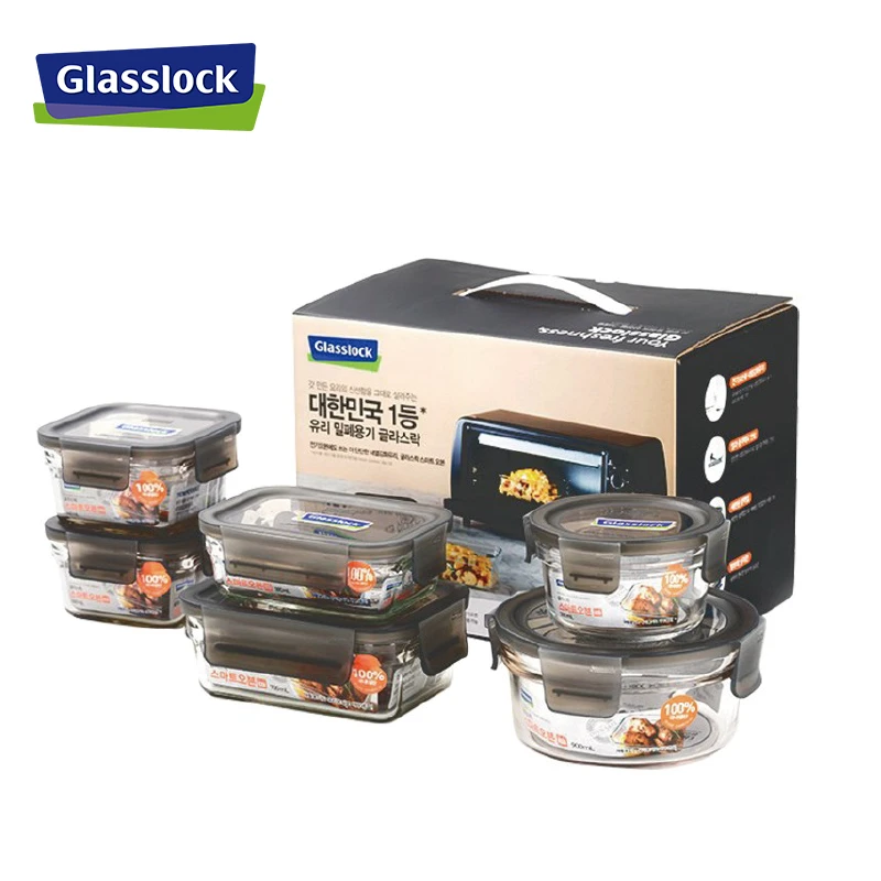 glasslock进口耐热钢化玻璃保鲜盒冰箱冷冻盒微烤两用饭盒6件套