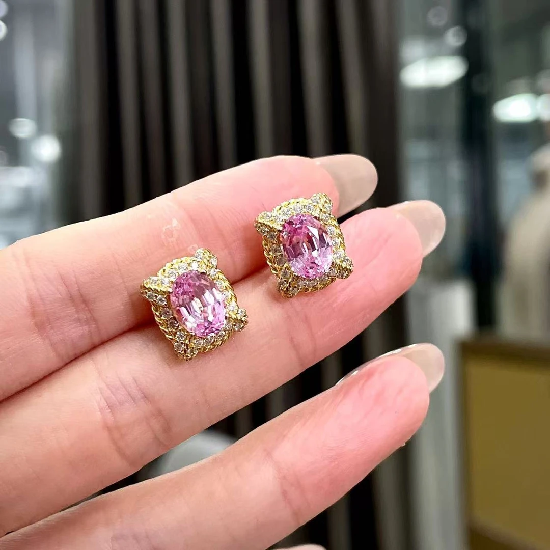 E4032 镶嵌蛋形培育合成蓝宝石仙女粉色复古大气耳钉