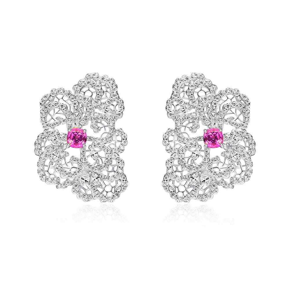 培育蓝宝石E4129【蕾丝裙边】镶嵌热粉色精致满钻豪华耳钉耳扣