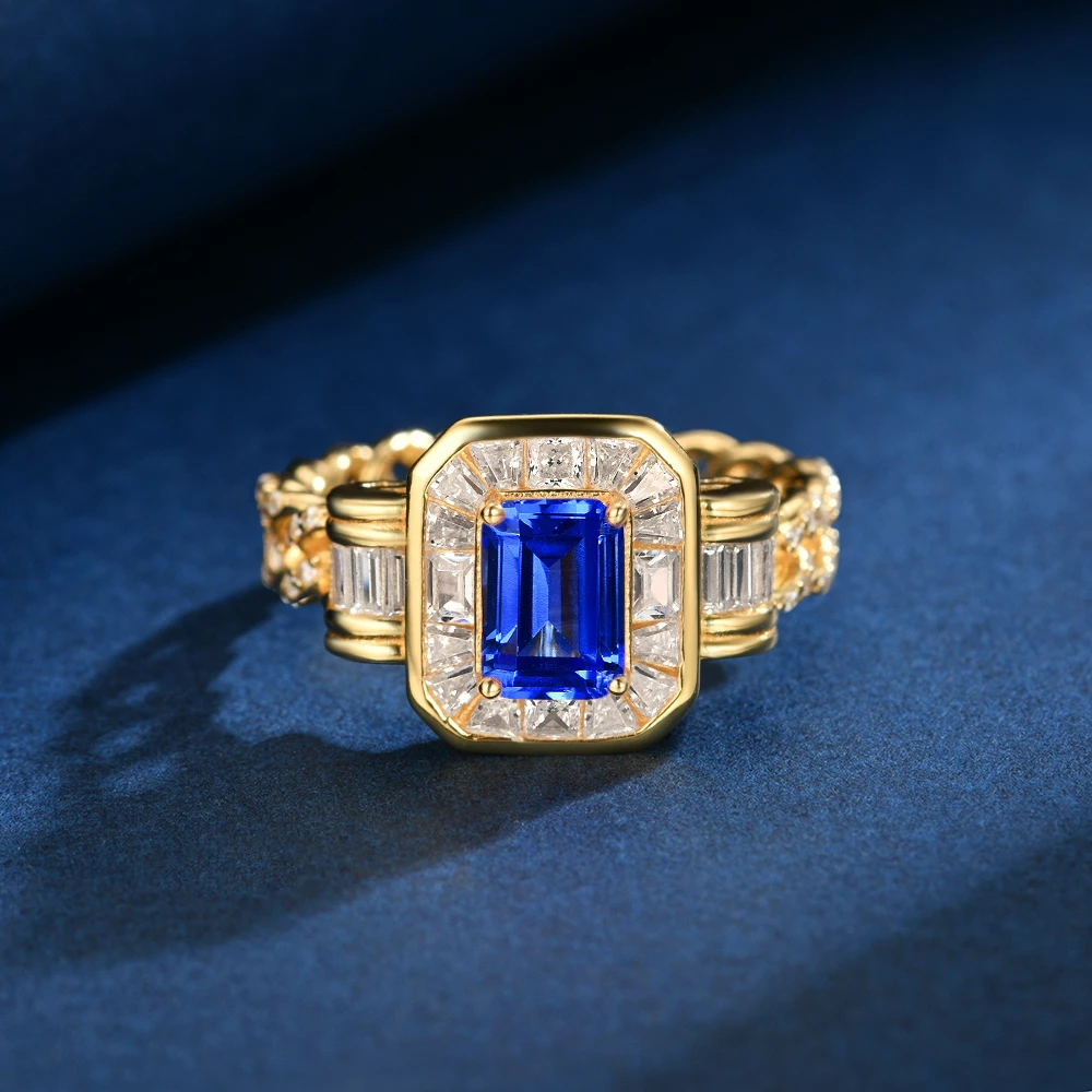 合成尖晶石R4216 新款镶嵌长方矢车菊蓝色精致时尚气质戒指5-11#