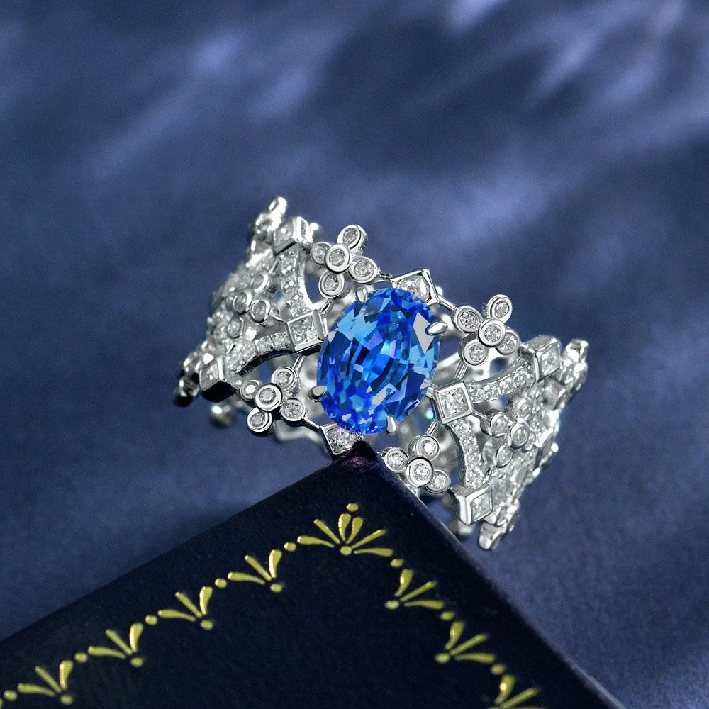 合成尖晶石R3818【烟雨】镶嵌蛋形矢车菊蓝色时尚豪华气质排戒5-11#