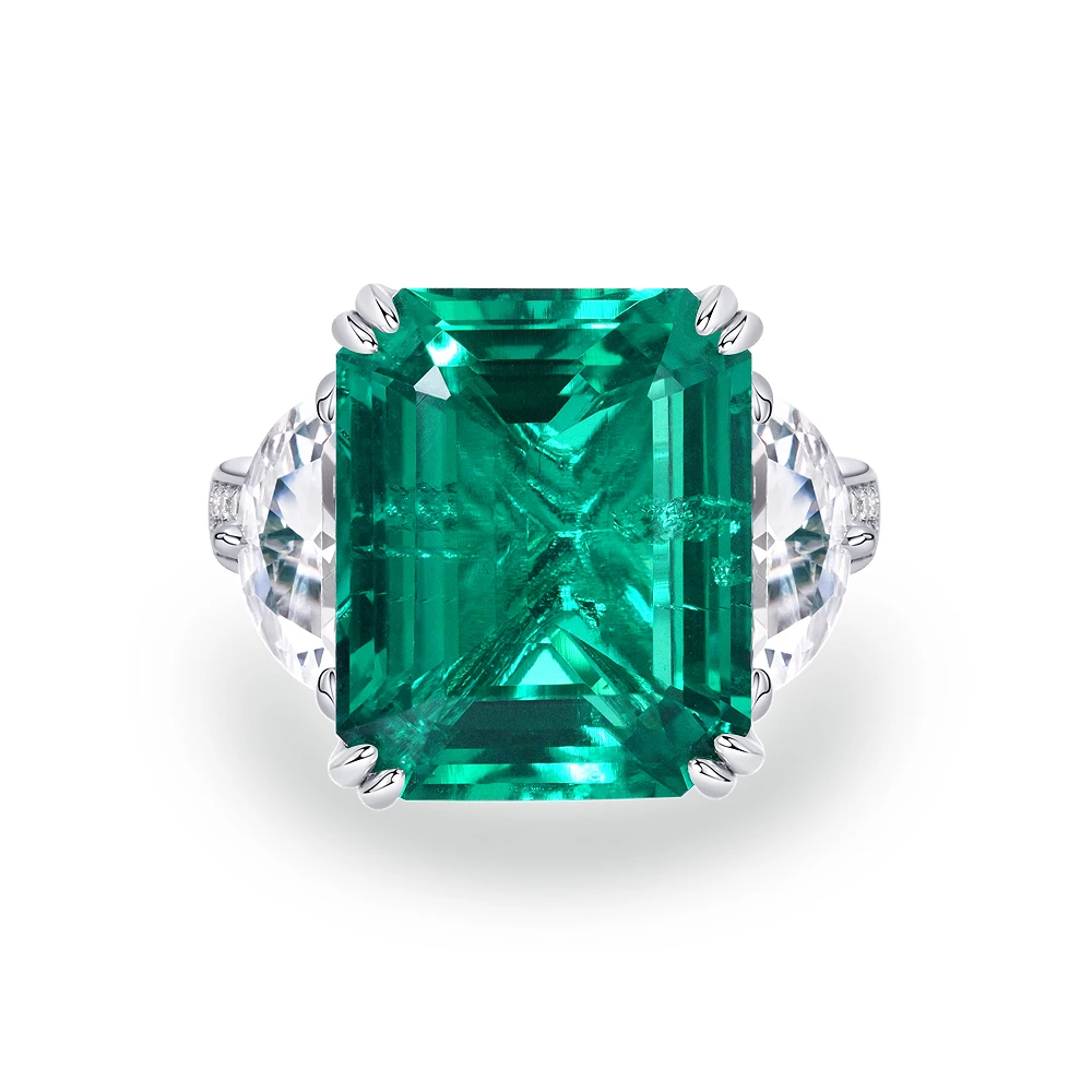 培育祖母绿R2807【雪柳】镶嵌大颗木佐绿色高级简约三石戒指