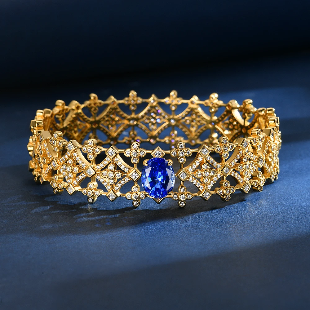 合成尖晶石B3818【烟雨】镶嵌矢车菊蓝色时尚豪华气质金色开口手镯