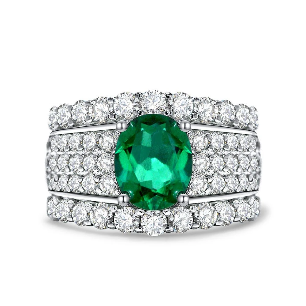 R1601 满钻镶嵌蛋形培育祖母绿木佐色时尚气质百搭排戒戒指5-9#