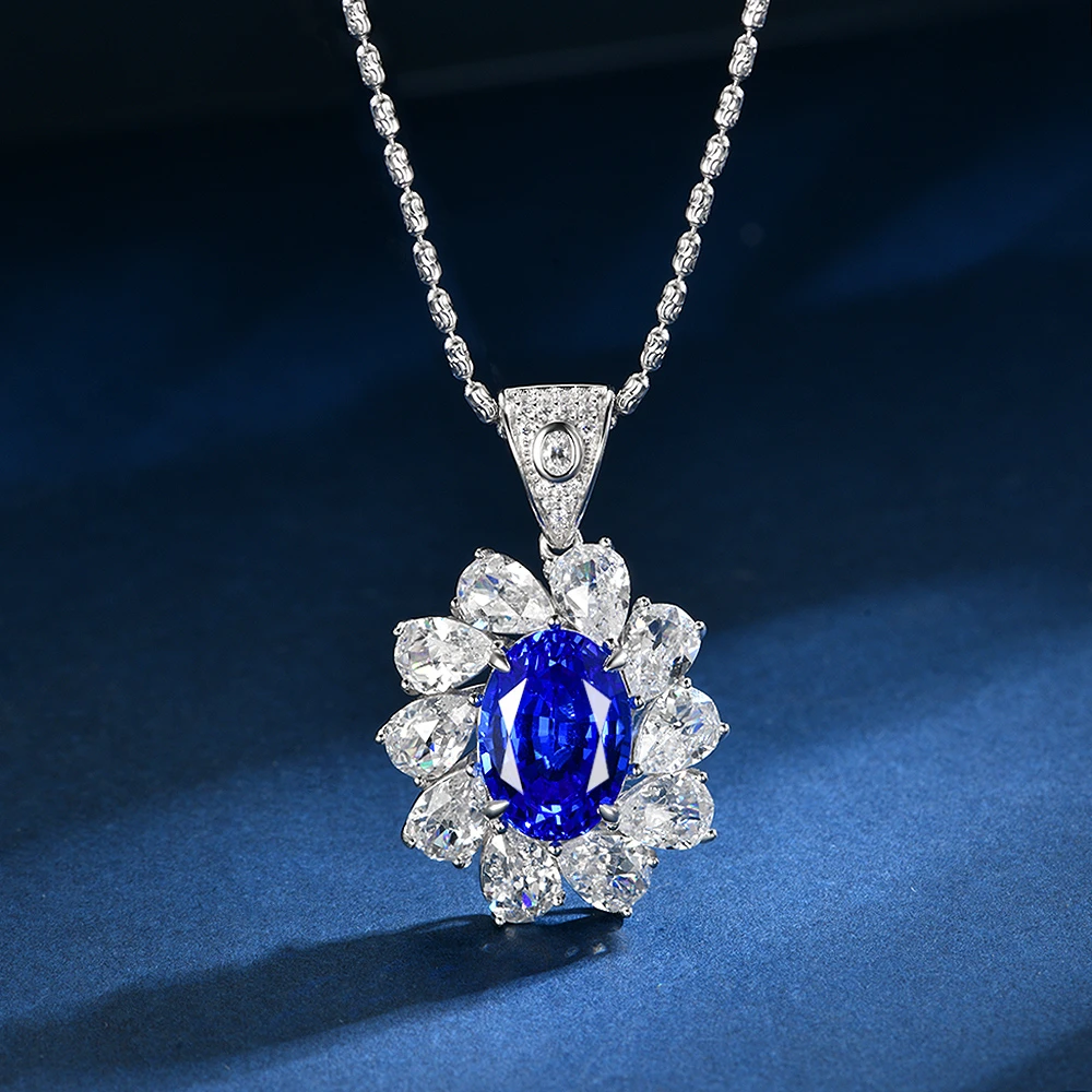 P2430【隐蓝】满钻镶嵌蛋形培育尖晶石矢车菊蓝色轻奢豪华单吊坠(1)