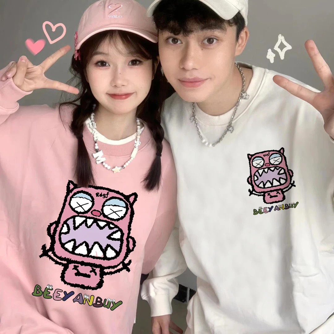 2025网红情侣装早春秋冬季男女印花休闲卫衣圆领长袖加绒上衣潮流