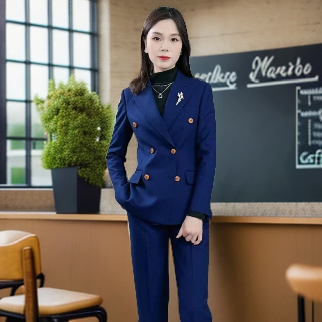 【藏蓝星辰】新款藏青色红花眼双排扣2025职业装女性套装时尚高端