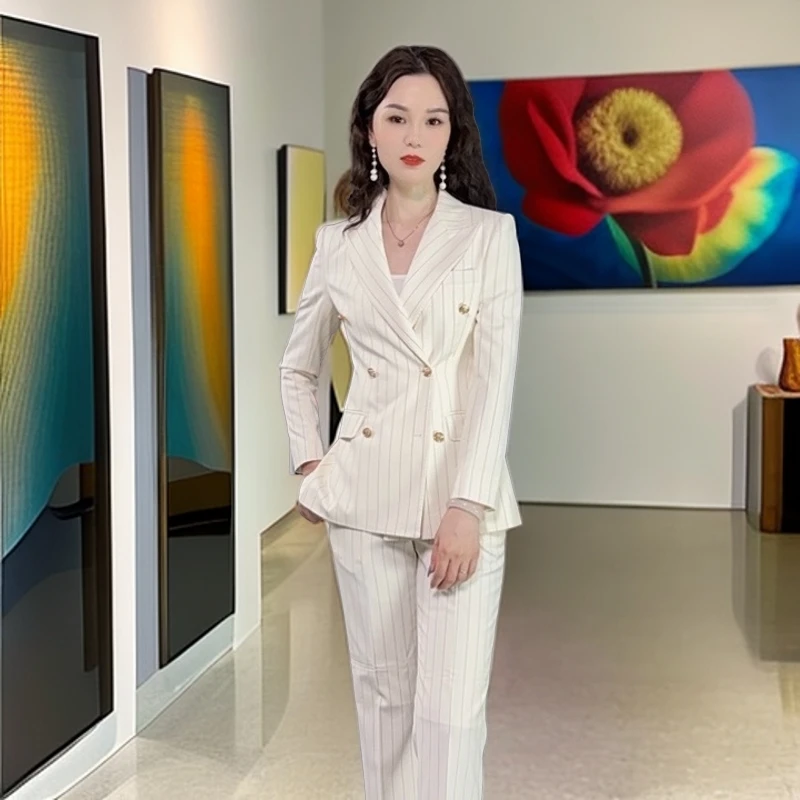 【断码2款颜色】新款米白条纹双排扣2025名媛气质时尚修身百搭套西