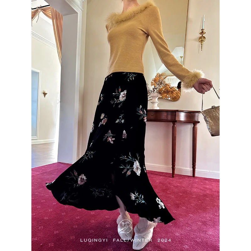 鹭青一原创【孤芳】鱼尾半身裙女复古丝绒刺绣气质长裙L24L0566L