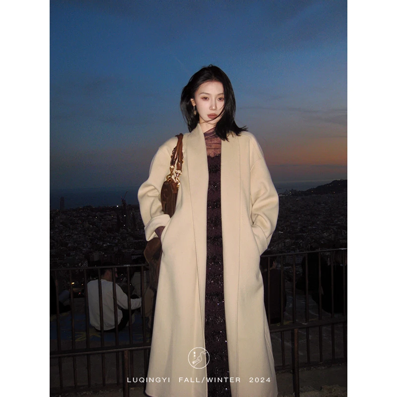 鹭青一原创【开怀】80支绵羊毛大衣女冬大翻领毛呢外套L24D1172H