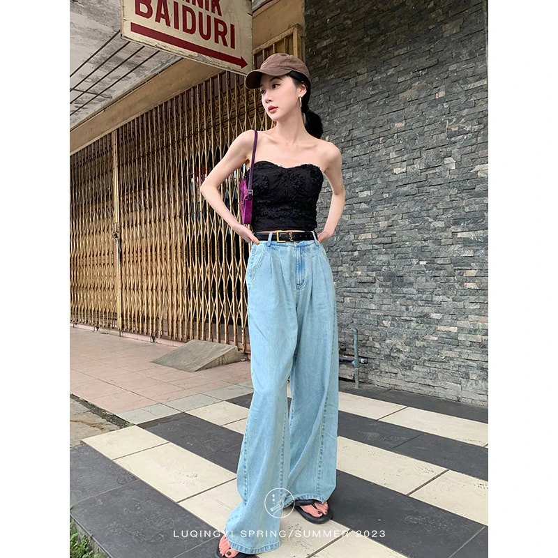 鹭青一原创【路雨凉】天丝牛仔裤女夏季薄复古高腰阔腿裤L23N1510H