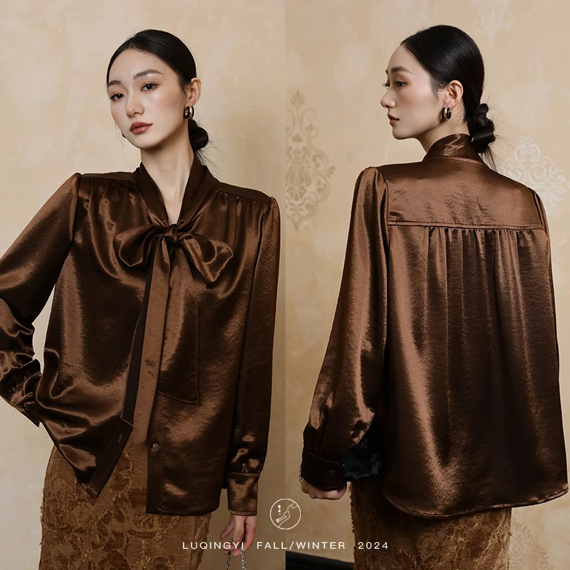 鹭青一精选【藏光】高克重鎏金缎衬衫女冬气质内搭上衣L24C0539L