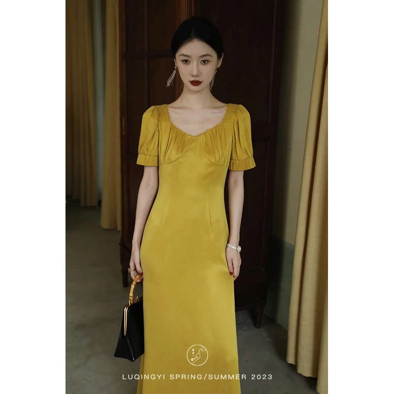 鹭青一【欢颜】铜氨丝连衣裙女夏法式泡泡袖设计感A字长裙L23L1549H