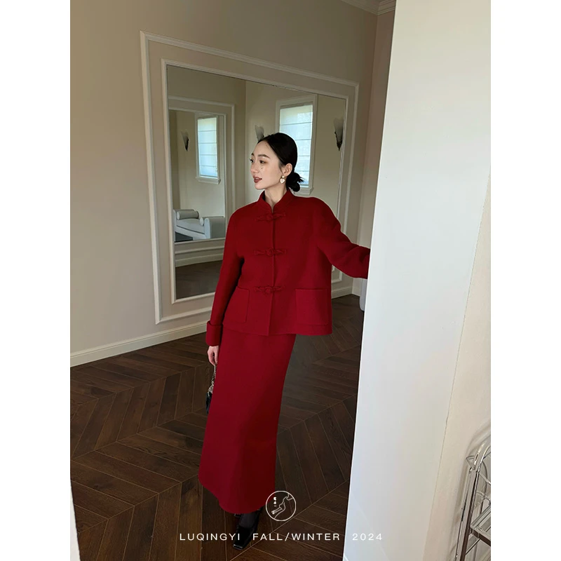 鹭青一原创【贺岁】新中式套装女复古国风红色毛呢外套L24G0577LA