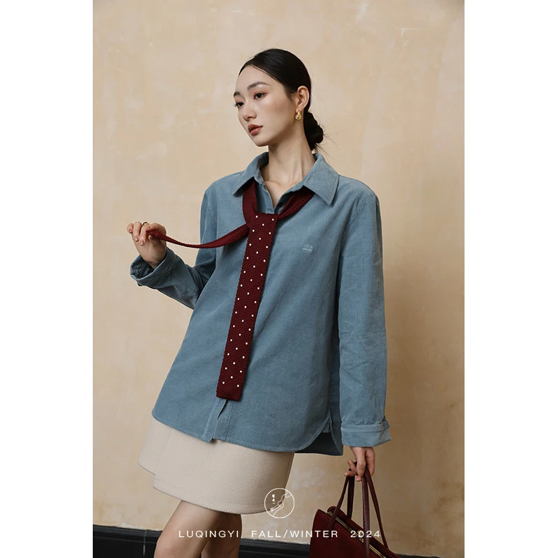 鹭青一原创【不眠】灯芯绒衬衫女冬季复古刺绣内搭上衣L24C7305B