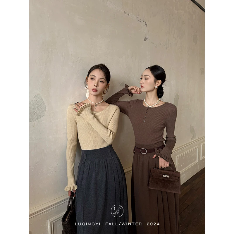 鹭青一原创【亿朵】48支包芯纱针织衫女冬设计感打底衫L24M7374B