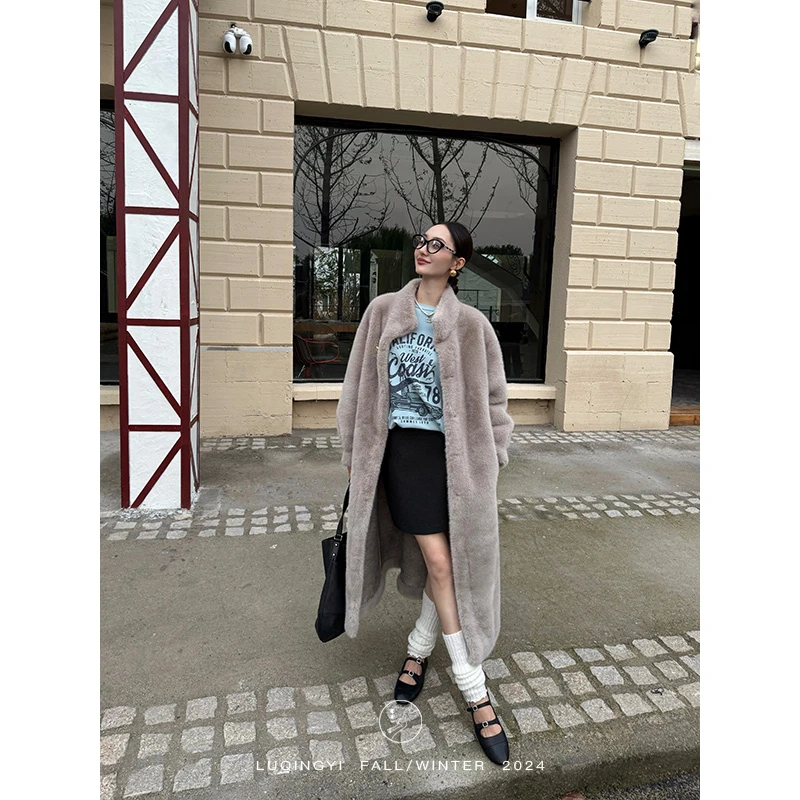 鹭青一原创【烟霏】高端立领系带设计加厚毛毛外套女冬季L24P7330B