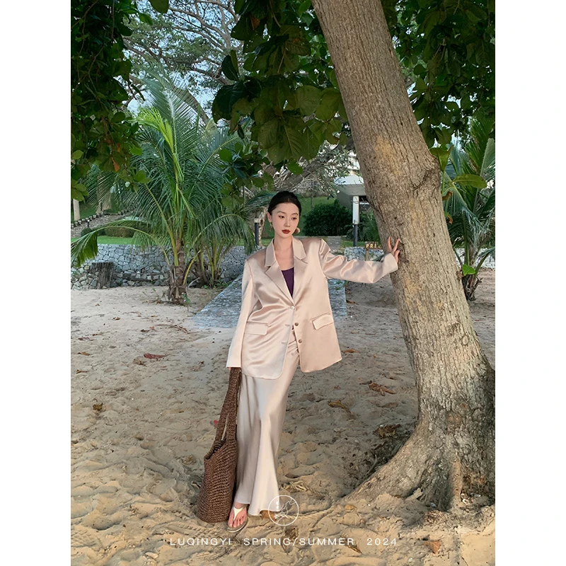 鹭青一现货【晴未央】醋酸西装外套女高级感缎面西服L24X1794H