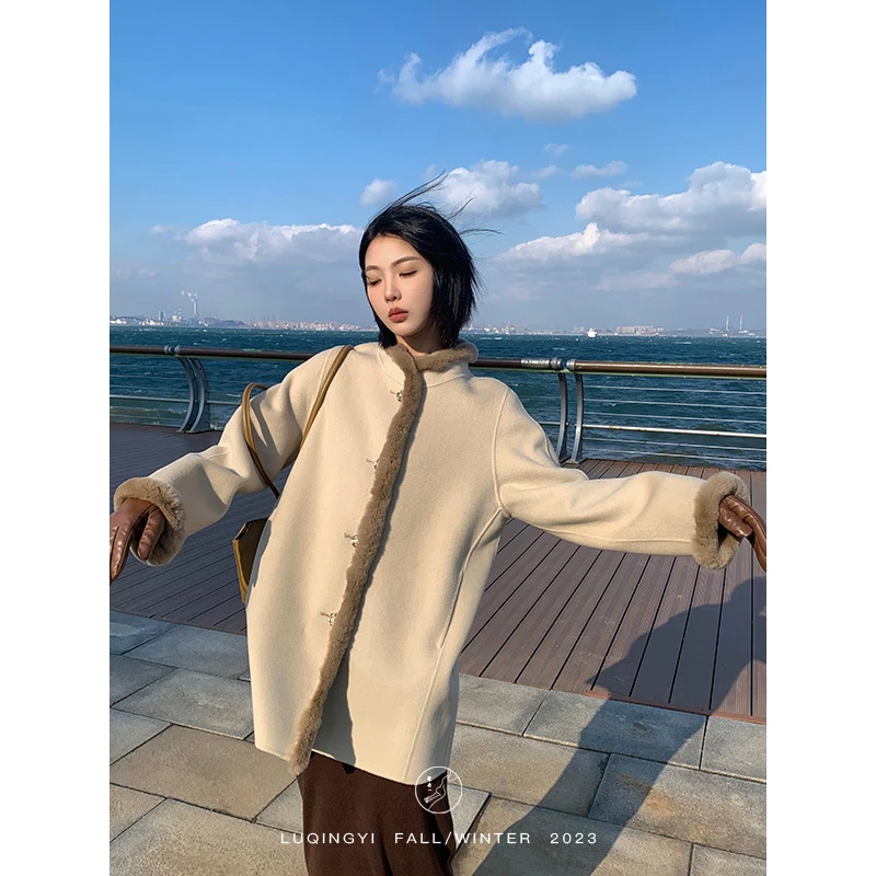 鹭青一【素蕊】880G荃羊毛外套獭兔毛领新中式毛呢上衣L23D1718H