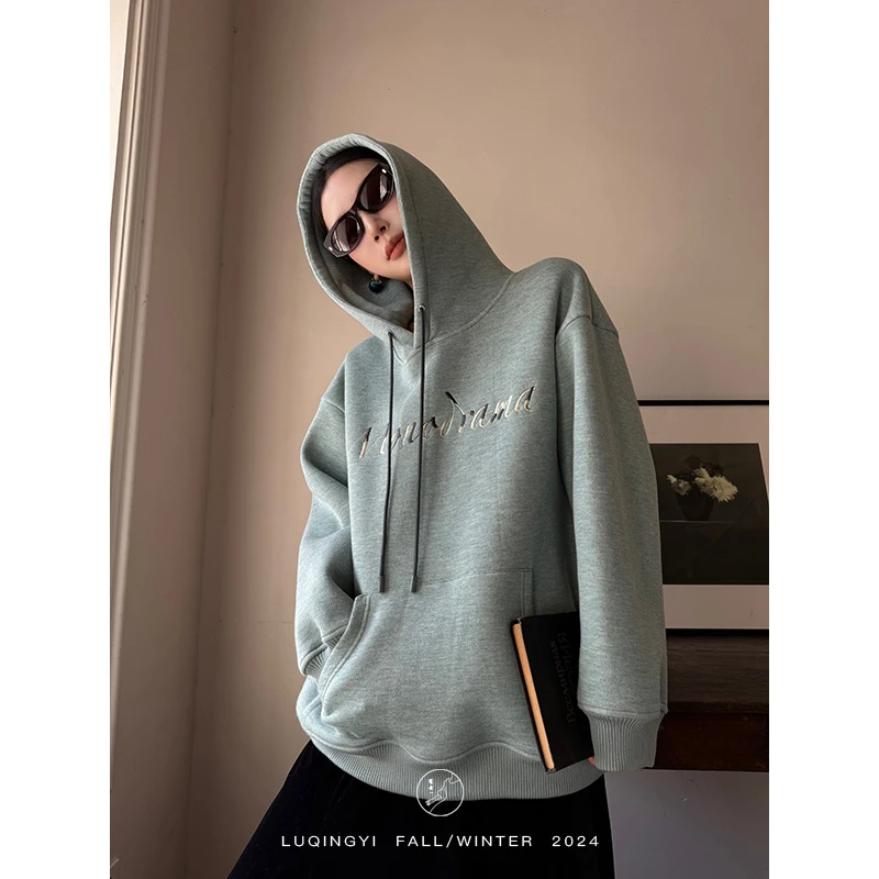 鹭青一现货【独角戏】连帽卫衣女冬加绒刺绣宽松休闲上衣L24Z7289B