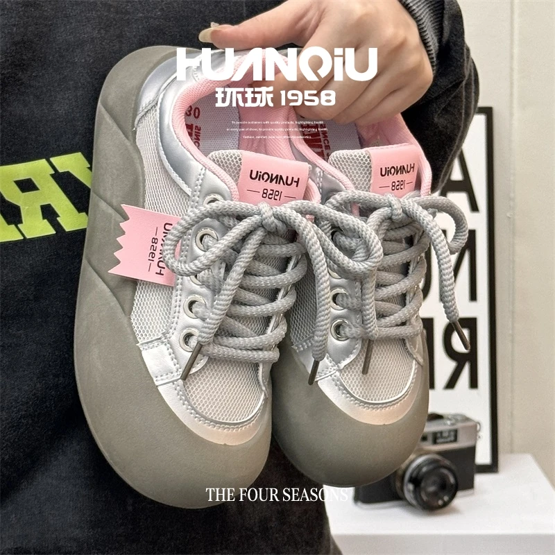 环球板鞋女2024夏季网面透气薄款休闲鞋韩版魔术贴丑萌大头面包鞋