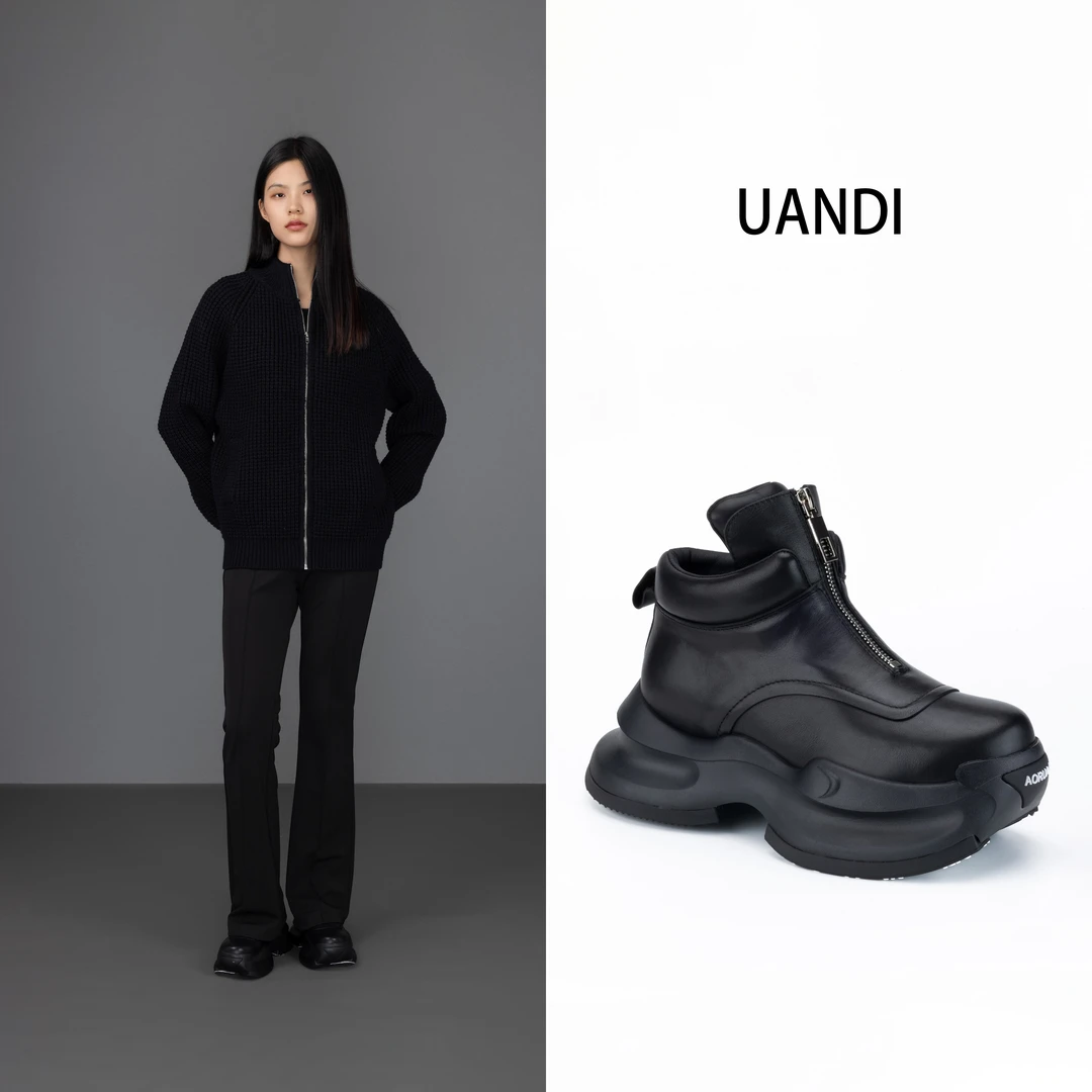 UANDI原创冬季新款时尚休闲设计师款英伦风黑色厚底百搭高帮鞋女