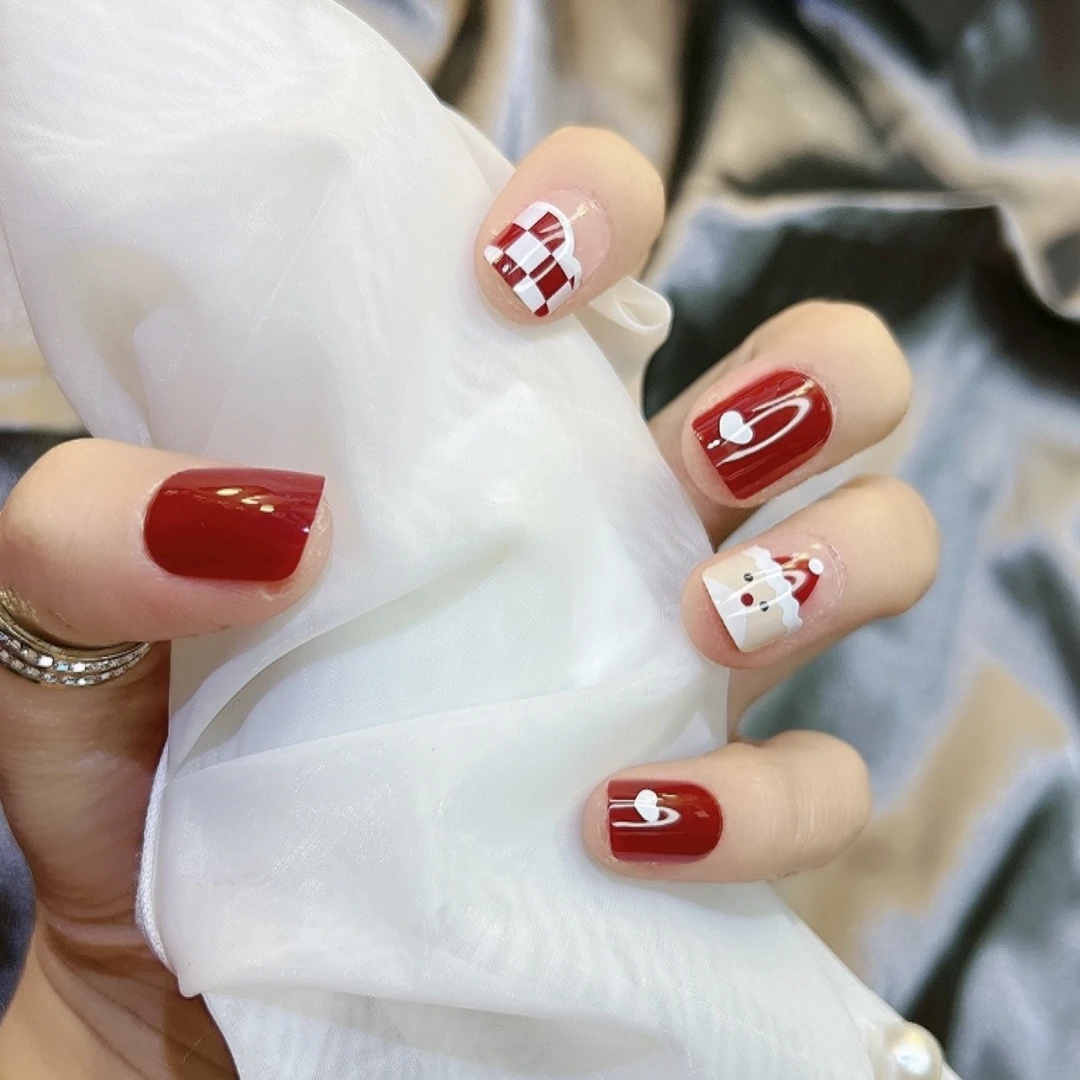 【酒红圣诞老人】短款酒红色珠光麋鹿穿戴式方头美甲贴指甲贴279